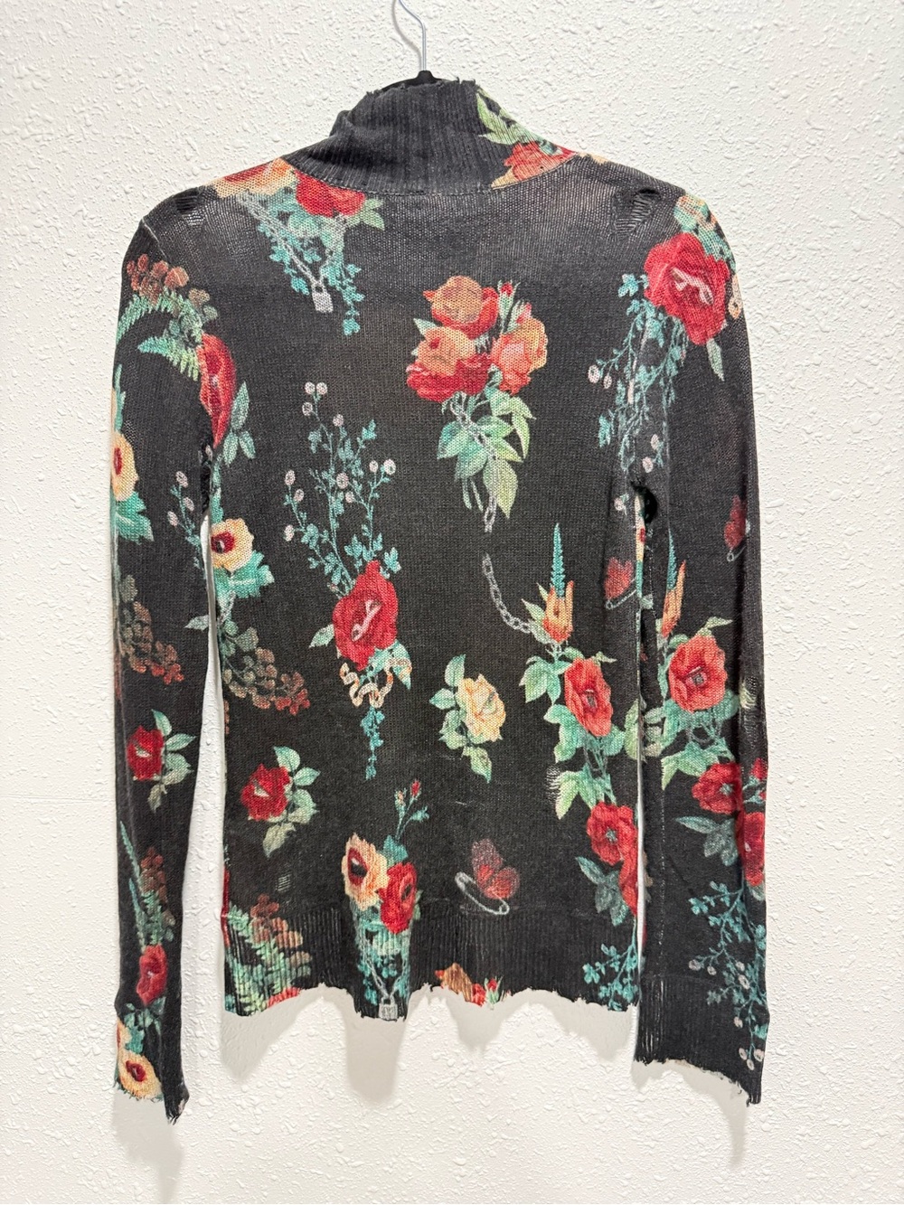 R13 distressed 100% cashmere Black Floral Mock Neck Sweater M - Picture 8 of 9